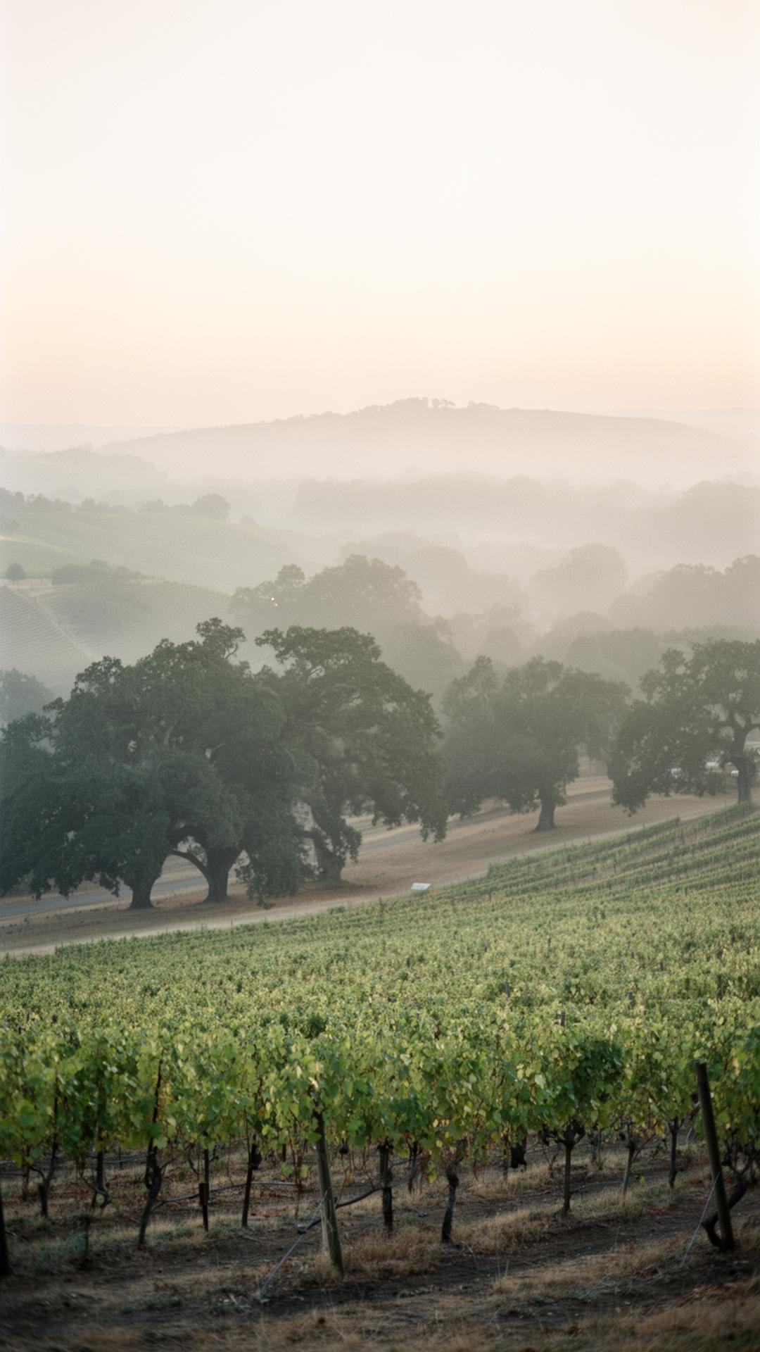 Mist settling over Sonoma vineyards and oak trees